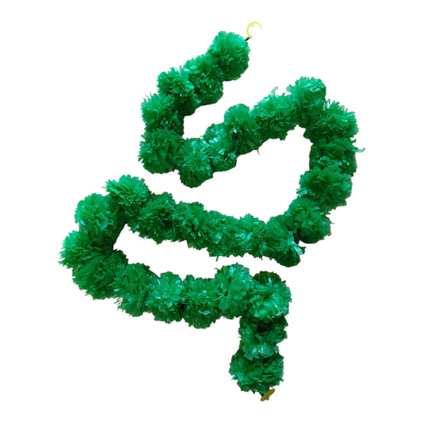 Green floral pom-pom garland with clustered decorative flowers and end loops for Diwali doorways, walls and festive celebration backdrops.