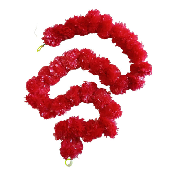 Red floral pom-pom garland with clustered decorative flowers and end loops for Diwali doorways, walls and festive celebration backdrops.