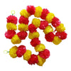 Red and yellow floral pom-pom garland with alternating colours and end loops for Diwali entrances and festive wall displays.