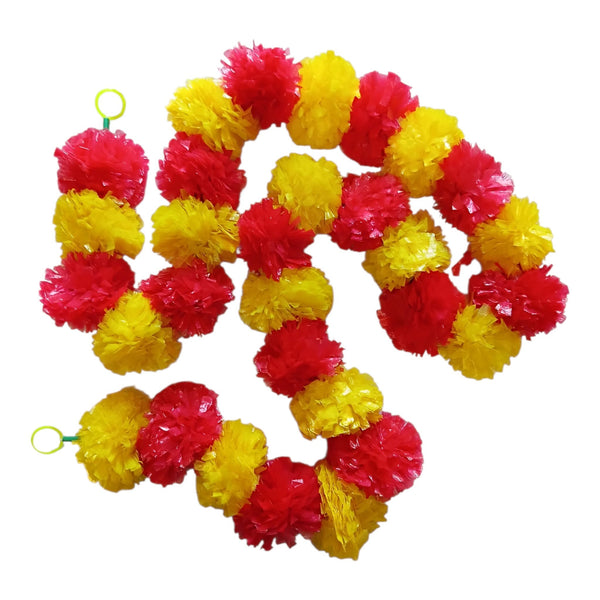 Red and yellow floral pom-pom garland with alternating colours and end loops for Diwali entrances and festive wall displays.