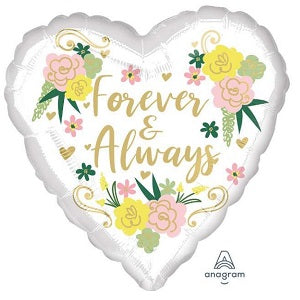 Forever & Always Foil Balloon for Weddings shown as a product reference for anniversaries, weddings and romantic celebrations, with its themed design visible.