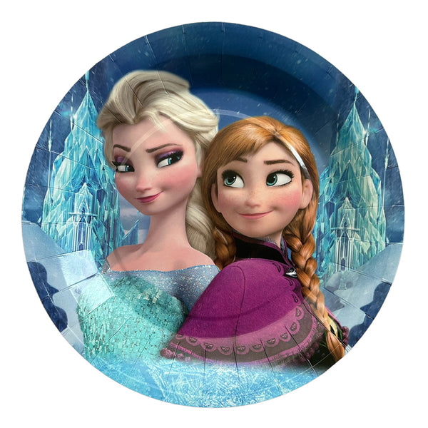 Round Frozen themed plate showing Elsa and Anna against a blue background with a dark border for a character birthday setting.