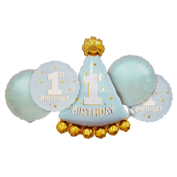 1st Birthday Blue Foil Balloon Set, Pack of 5 shown as a product reference for birthday celebrations, with its themed design visible.