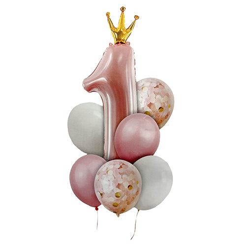1st Birthday Pink Crown Foil & Latex Balloon Set shown for a themed celebration table and party photo display