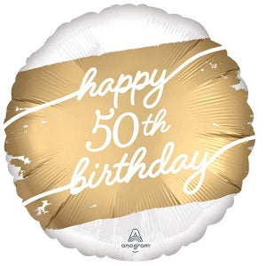 50th Birthday Golden Age Foil Balloon, Gold, 18 Inch shown as a product reference for birthday celebrations, with its themed design visible.