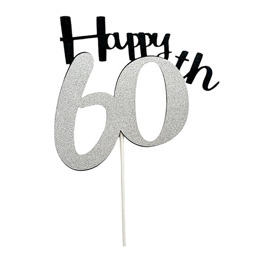60th Birthday Glitter Cake Topper, Silver