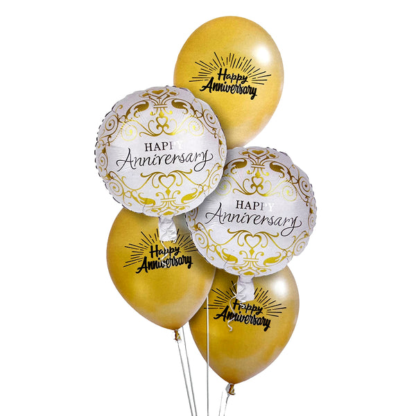 Anniversary Foil & Latex Helium Balloon Bouquet, 5 Pcs shown in the helium-filled arrangement option for a romantic celebration table or couple's photo display