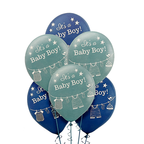 Blue and white baby boy printed latex balloons for a welcome celebration table, baby shower backdrop or family photo display