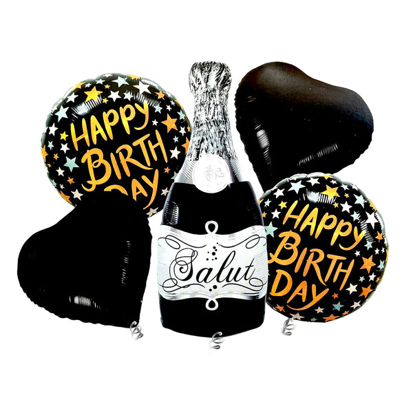 Happy Birthday Champagne 5-in-1 Black Foil Balloons Set shown for a themed celebration table and party photo display