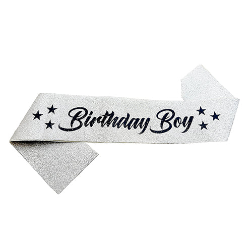 Birthday Boy Glitter Sash, Silver
