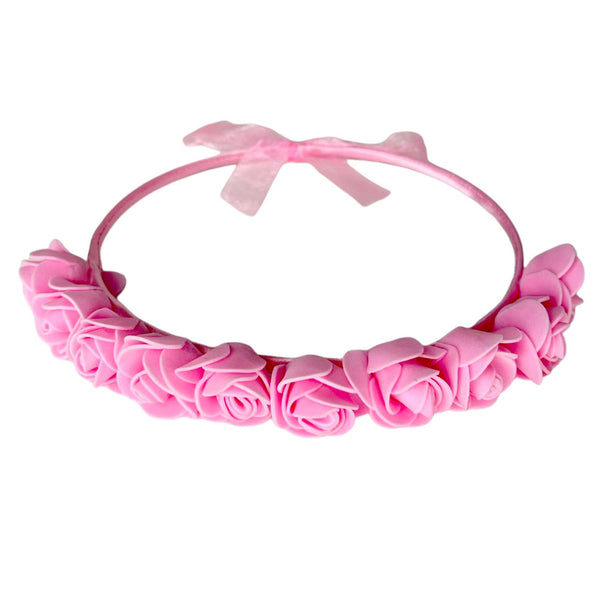 Pink Bloomy Rose flower crown with polyester flowers and ribbon detailing, providing an adjustable floral headpiece for bridal and garden portraits.