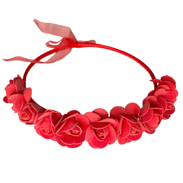 Red Bloomy Rose flower crown with polyester flowers and ribbon detailing, providing an adjustable floral headpiece for bridal and garden portraits.