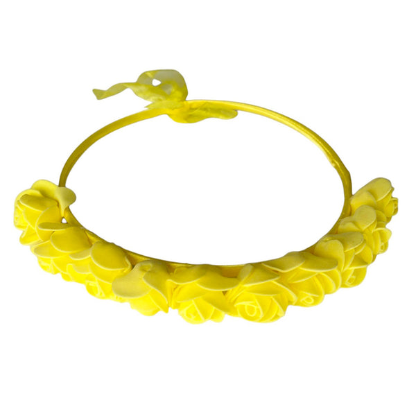 Yellow Bloomy Rose flower crown with polyester flowers and ribbon detailing, providing an adjustable floral headpiece for bridal and garden portraits.