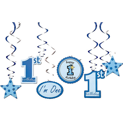 Blue first birthday hanging swirls with number 1 and star cut-outs