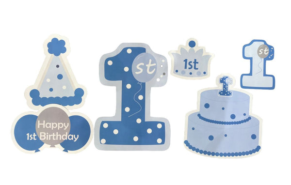 Blue first birthday number 1, cake and hat paper cut-outs