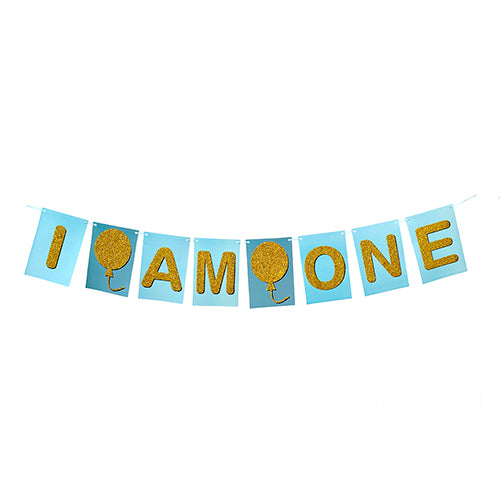 Blue I Am One first birthday banner with gold balloon designs