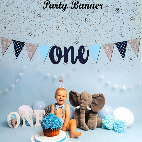 Blue ONE birthday banner shown in its packaging