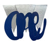 Blue ONE script and silver pennant banner detail