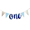 Blue ONE script banner with silver and blue pennant flags