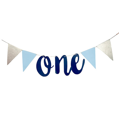Blue ONE script banner with silver and blue pennant flags