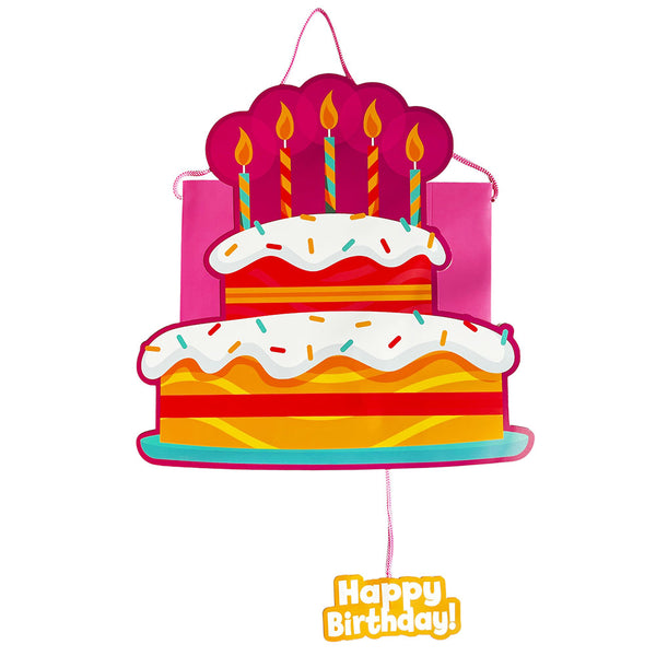Multicolour cake shaped birthday party piñata with tissue fringe finish