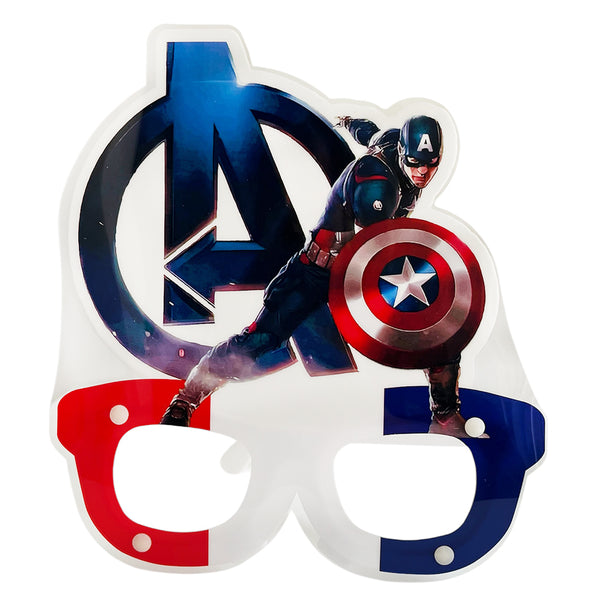 Captain America themed plastic party goggles in a children's novelty style, providing a superhero character accessory for birthday portraits and themed photographs.