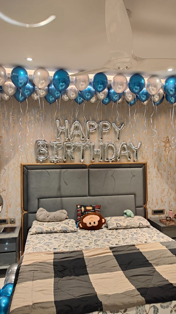 Chrome Silver and Blue Balloon Room Decoration