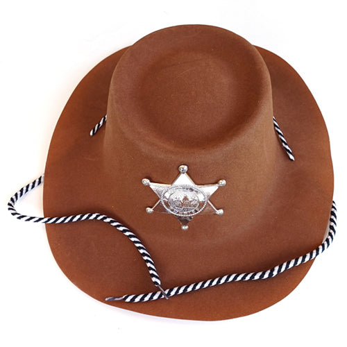 Cowboy Fabric Party Hat with Sheriff Badge, 3 Colours, Brown