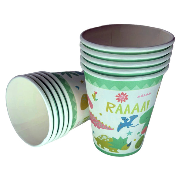 Dinosaur-themed paper party cups, presenting the printed design of the ten-piece pack for a prehistoric birthday table or guest drinks station.