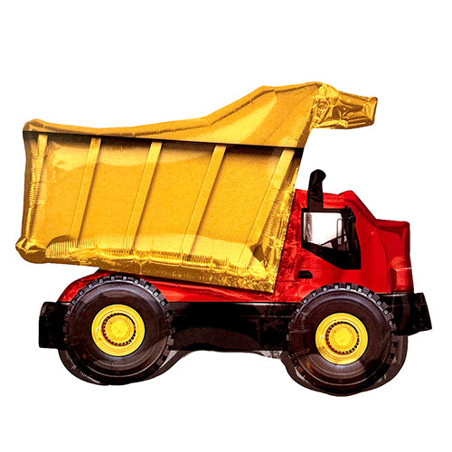 Dump Truck Shaped Foil balloon shown as a product reference for vehicle-themed birthdays and children’s celebrations and a coordinated party display.