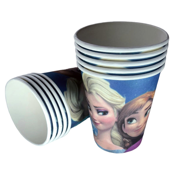 Frozen-themed paper cups, presenting character party drinkware from a ten-piece pack for a birthday guest table or themed drinks station.
