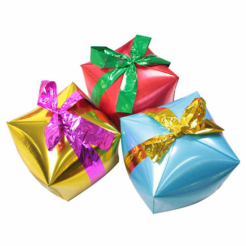 Gift Box Cube Foil Balloon for Celebration Parties shown as a product reference for birthdays and themed gatherings and a coordinated party display.