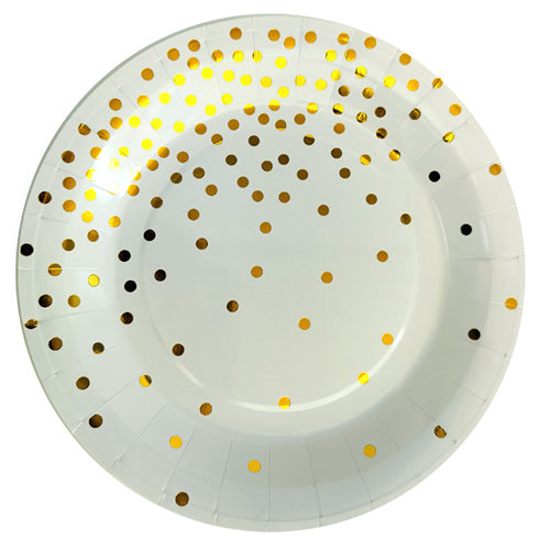 Glossy polka dot paper plates for a party table