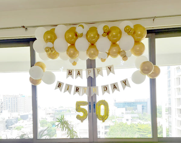 Gold & White 50th Birthday Balloon Room Decor