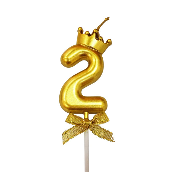 Gold Crown Wax Number Cake Candle, digit 2