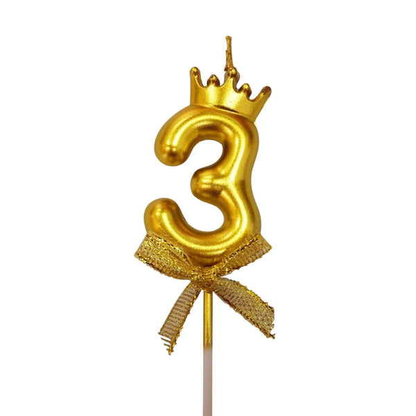 Gold Crown Wax Number Cake Candle, digit 3
