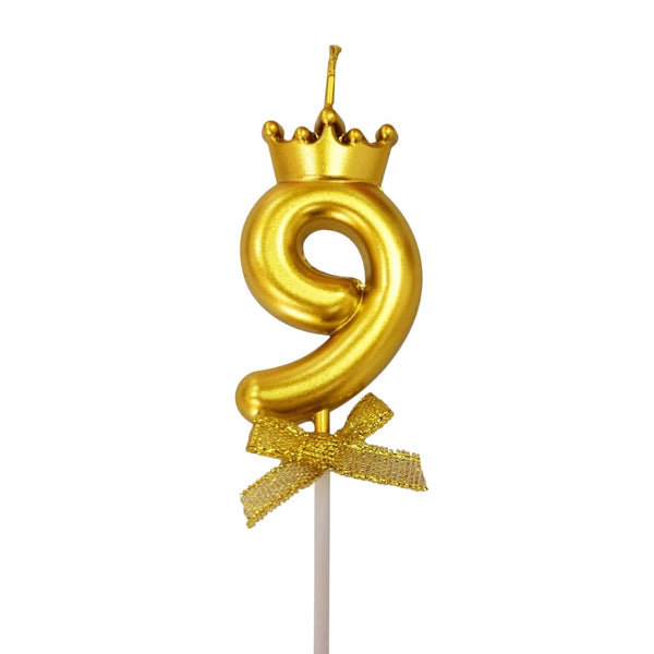 Gold Crown Wax Number Cake Candle, digit 9