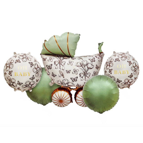 Green Baby Pram Foil Balloon Set shown as a product reference for baby showers, welcome-baby occasions and family celebrations and a coordinated party display.