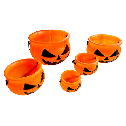 Halloween Plastic Treat Buckets, Assorted Sizes, Pack of 5 for a coordinated Halloween costume, treat station or seasonal party display.