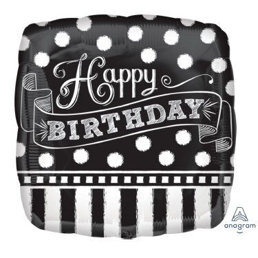 Happy Birthday Chalkboard Foil Balloon shown as a product reference for birthday celebrations, with its themed design visible.