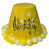 Multicolour fabric bucket party hat with Happy Birthday graphics, showing the bucket-shaped headwear design for a single birthday outfit accessory.