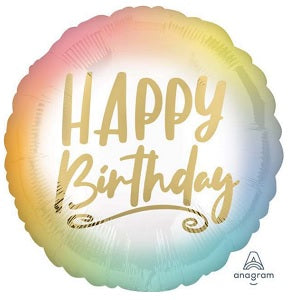 Happy Birthday Foil Balloon, Ombre Gold, 18 Inch shown as a product reference for birthday celebrations, with its themed design visible.