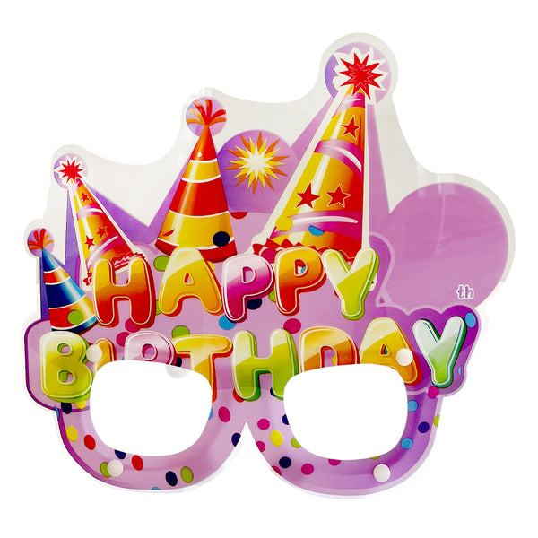 Happy Birthday plastic party goggles with an assorted decorative frame, providing a greeting accessory for birthday portraits and celebration photo corners.
