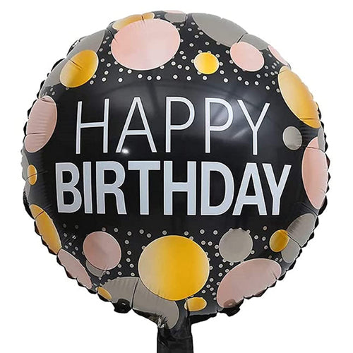 Happy Birthday Polka Dot Foil Balloon, Black, 18 Inch shown as a product reference for birthday celebrations, with its themed design visible.