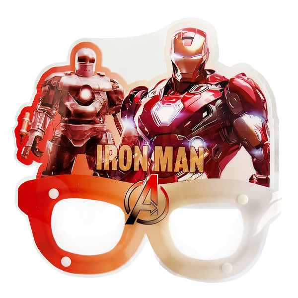 Iron Man themed plastic party goggles in a children's novelty style, providing a superhero character accessory for birthday portraits and themed photographs.