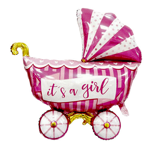 It's A Girl Pram Foil Balloon- PINK shown as a product reference for baby showers, welcome-baby occasions and family celebrations and a coordinated party display.