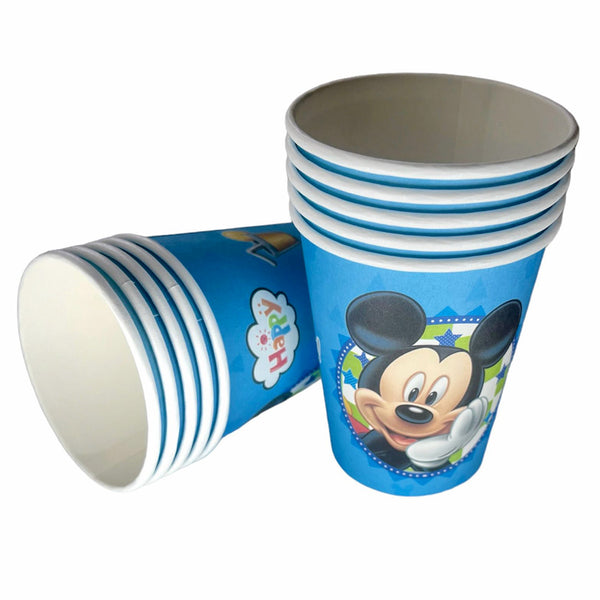 Mickey Mouse-themed paper cups, presenting character party drinkware from a ten-piece pack for a birthday guest table or serving station.