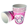 Minnie Mouse-themed paper cups, presenting character party drinkware from the ten-piece pack for a guest table or birthday drinks station.