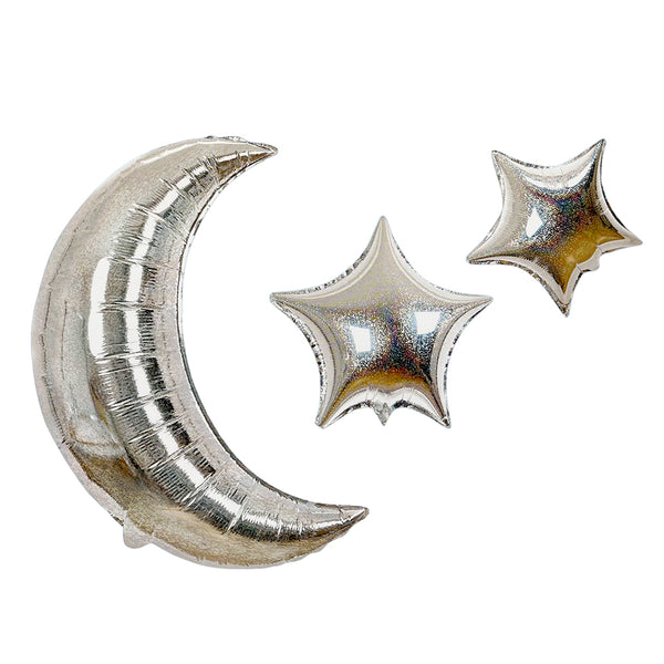 Multicolour Moon and Stars Foil Balloon Set shown for a themed celebration table and party photo display