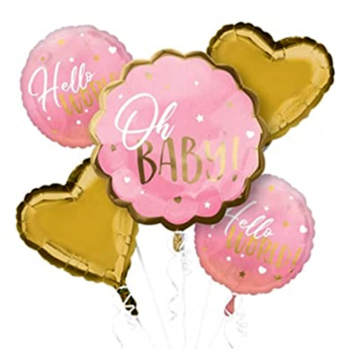 Oh Baby 5-in-1 Girl Arrival Foil Balloons Set - Uninflated shown in the uninflated pack option for a welcome baby celebration and family photo display